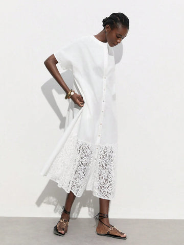 Women's Elegant Single-Breasted Short Sleeve Casual Dress, White Color With Round Neckline, Lace Hem Design, Ideal For Summer And Early Autumn