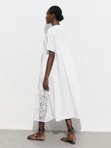 Women's Elegant Single-Breasted Short Sleeve Casual Dress, White Color With Round Neckline, Lace Hem Design, Ideal For Summer And Early Autumn