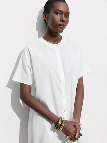 Women's Elegant Single-Breasted Short Sleeve Casual Dress, White Color With Round Neckline, Lace Hem Design, Ideal For Summer And Early Autumn