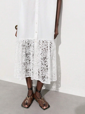 Women's Elegant Single-Breasted Short Sleeve Casual Dress, White Color With Round Neckline, Lace Hem Design, Ideal For Summer And Early Autumn