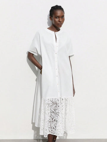 Women's Elegant Single-Breasted Short Sleeve Casual Dress, White Color With Round Neckline, Lace Hem Design, Ideal For Summer And Early Autumn