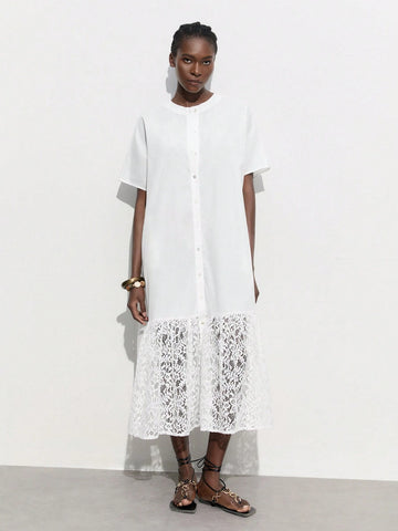 Women's Elegant Single-Breasted Short Sleeve Casual Dress, White Color With Round Neckline, Lace Hem Design, Ideal For Summer And Early Autumn
