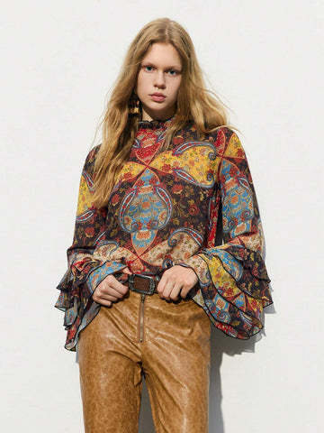 Maija Women's Elegant Vintage Floral Print Bell Sleeve Blouse, Spring Autumn