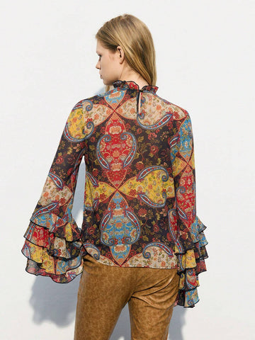 Maija Women's Elegant Vintage Floral Print Bell Sleeve Blouse, Spring Autumn