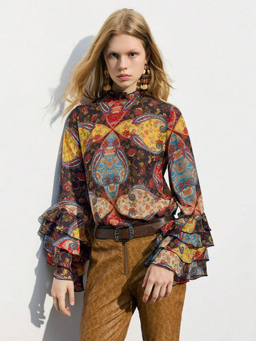 Maija Women's Elegant Vintage Floral Print Bell Sleeve Blouse, Spring Autumn