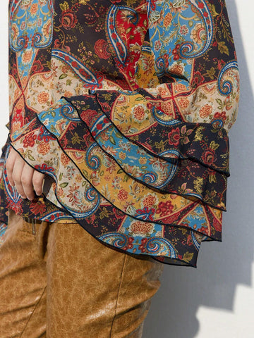 Maija Women's Elegant Vintage Floral Print Bell Sleeve Blouse, Spring Autumn