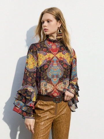 Maija Women's Elegant Vintage Floral Print Bell Sleeve Blouse, Spring Autumn