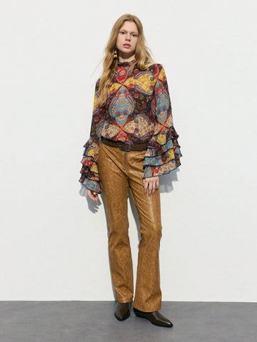 Maija Women's Elegant Vintage Floral Print Bell Sleeve Blouse, Spring Autumn