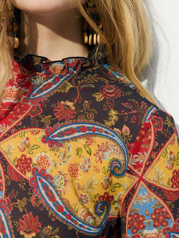 Maija Women's Elegant Vintage Floral Print Bell Sleeve Blouse, Spring Autumn