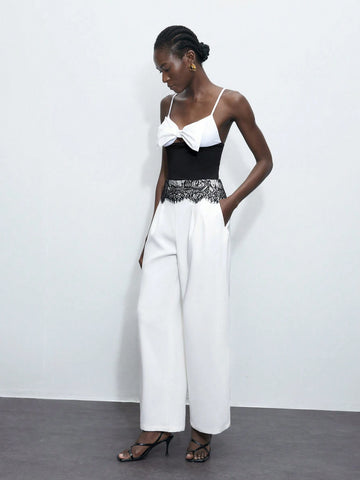 Women's Fashion Color Block Bodysuit With Bow Decorated Straps