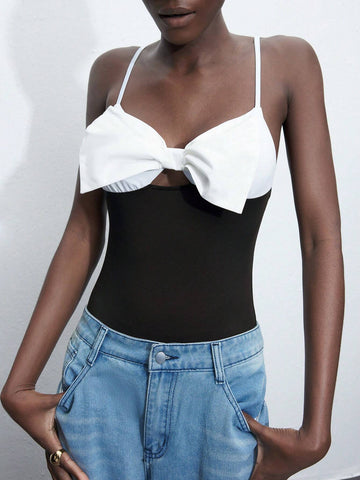 Women's Fashion Color Block Bodysuit With Bow Decorated Straps