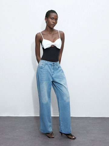 Women's Fashion Color Block Bodysuit With Bow Decorated Straps