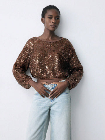 Maija Women's Fashionable Sequin Embellished Crop Shirt, Autumn