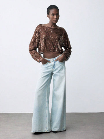 Maija Women's Fashionable Sequin Embellished Crop Shirt, Autumn