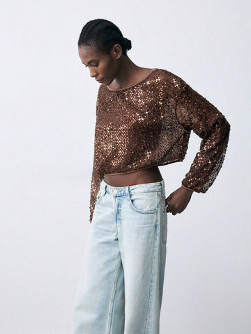 Maija Women's Fashionable Sequin Embellished Crop Shirt, Autumn