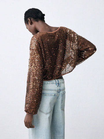 Maija Women's Fashionable Sequin Embellished Crop Shirt, Autumn