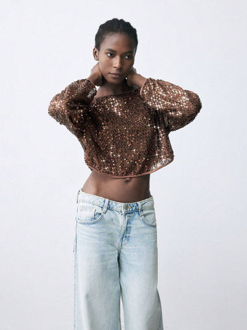 Maija Women's Fashionable Sequin Embellished Crop Shirt, Autumn