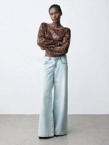 Maija Women's Fashionable Sequin Embellished Crop Shirt, Autumn