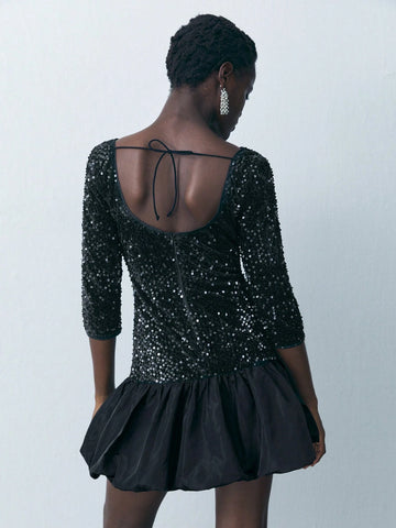Women's Fashionable Sequin Patchwork Floral Mini Dress, Spring Summer