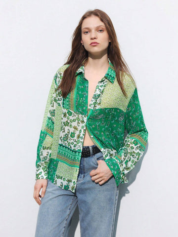 Maija Women's Fashionable Spring Green Patchwork Printed Long Sleeve Shirt