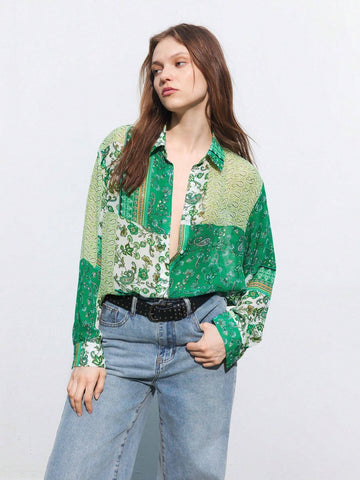Maija Women's Fashionable Spring Green Patchwork Printed Long Sleeve Shirt