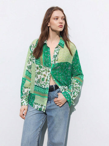 Maija Women's Fashionable Spring Green Patchwork Printed Long Sleeve Shirt