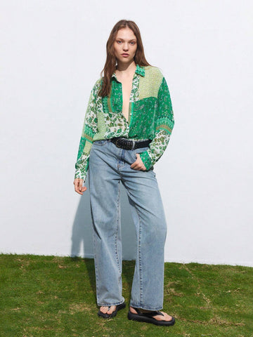 Maija Women's Fashionable Spring Green Patchwork Printed Long Sleeve Shirt