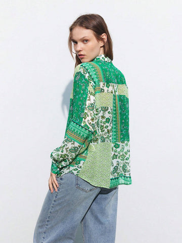 Maija Women's Fashionable Spring Green Patchwork Printed Long Sleeve Shirt