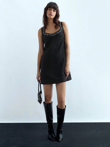 Women's Fashionable Sweetheart Neck Rhinestone Decor Camisole Dress, Summer