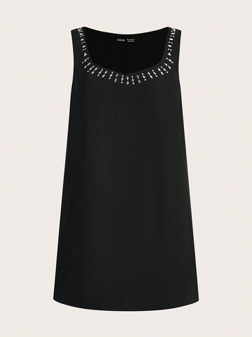 Women's Fashionable Sweetheart Neck Rhinestone Decor Camisole Dress, Summer