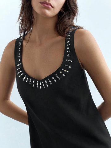 Women's Fashionable Sweetheart Neck Rhinestone Decor Camisole Dress, Summer