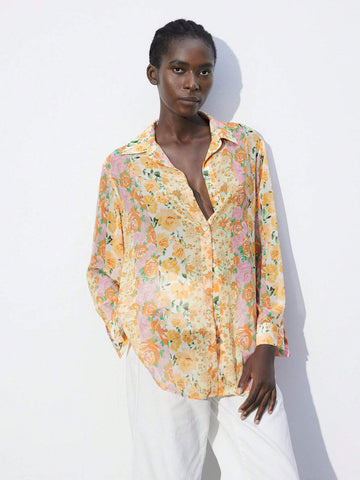 Maija Women's Floral Print Drop Shoulder Long Sleeve Casual Loose Blouse