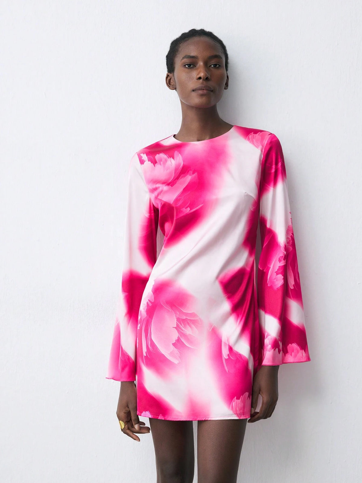 Women's Floral Print Round Neck Flare Sleeve Elegant Mini Dress