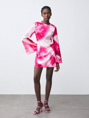 Women's Floral Print Round Neck Flare Sleeve Elegant Mini Dress