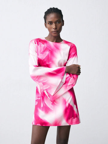 Women's Floral Print Round Neck Flare Sleeve Elegant Mini Dress