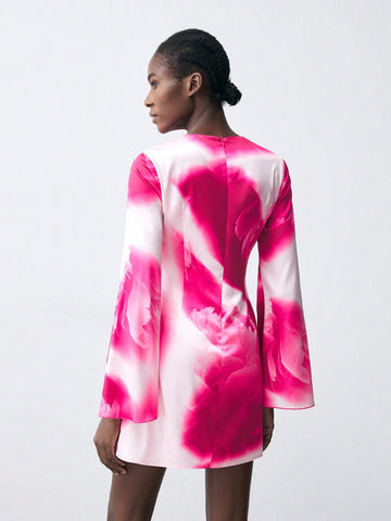 Women's Floral Print Round Neck Flare Sleeve Elegant Mini Dress
