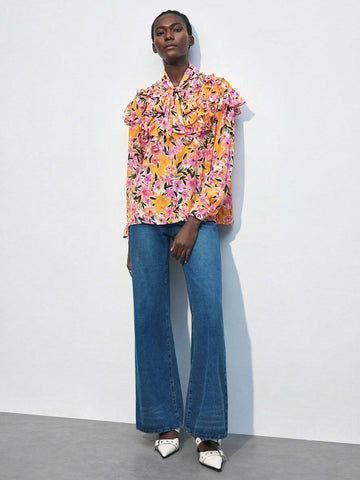 Maija Women's Floral Print Tie Neck Long Sleeve Elegant Blouse