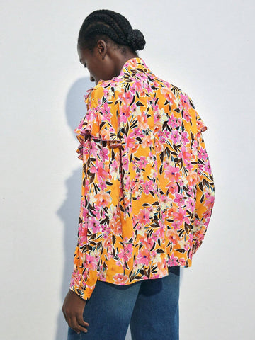 Maija Women's Floral Print Tie Neck Long Sleeve Elegant Blouse