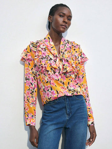 Maija Women's Floral Print Tie Neck Long Sleeve Elegant Blouse