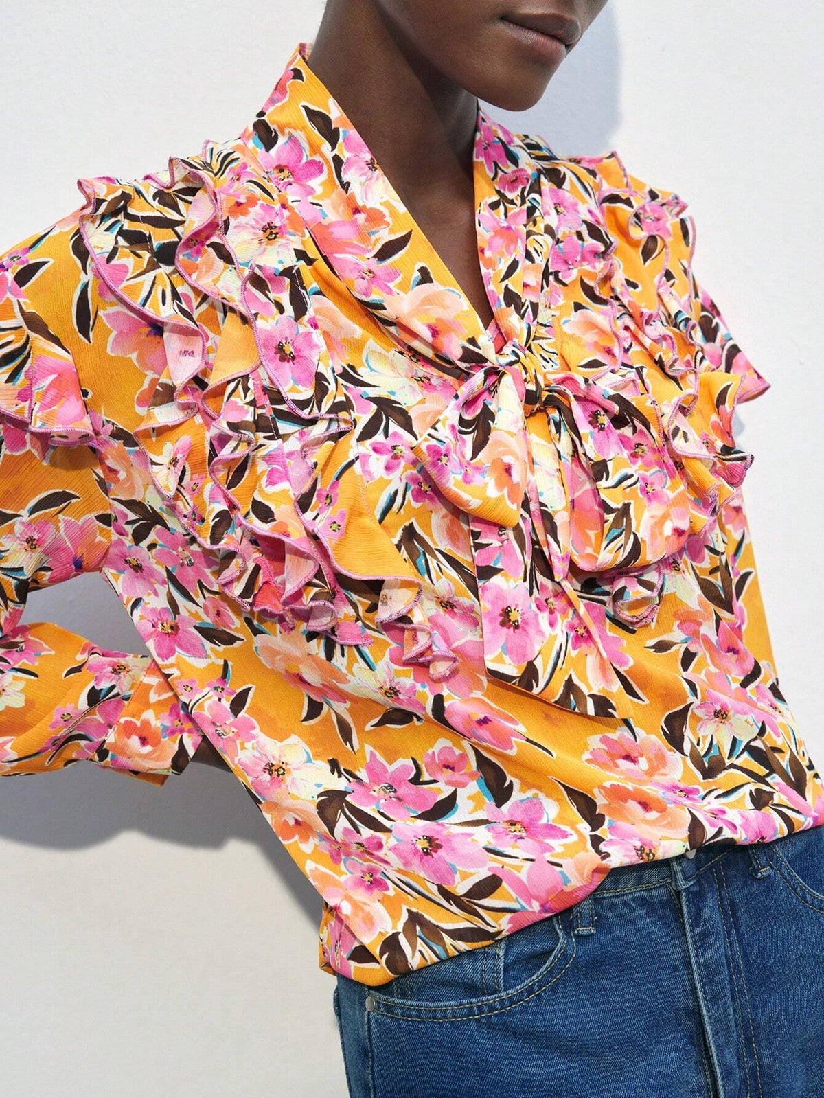 Maija Women's Floral Print Tie Neck Long Sleeve Elegant Blouse