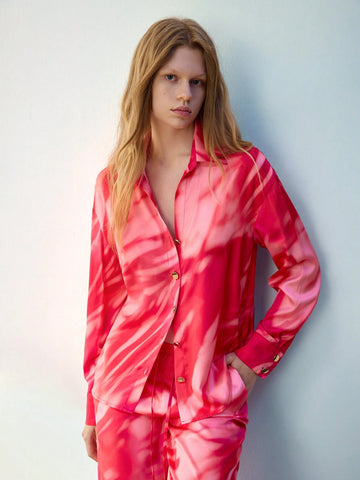 Maija Women's Full Allover Print Front Button Long Sleeve Casual Shirt