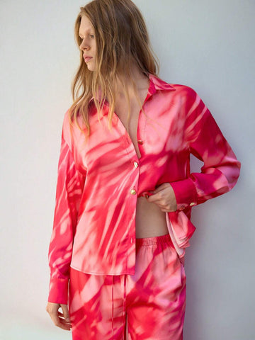 Maija Women's Full Allover Print Front Button Long Sleeve Casual Shirt