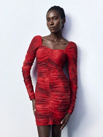 Women's Long Sleeve Sweetheart Collar Pleated Short Casual Dress