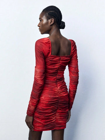 Women's Long Sleeve Sweetheart Collar Pleated Short Casual Dress
