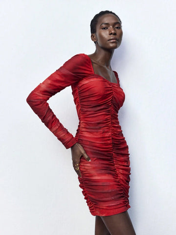 Women's Long Sleeve Sweetheart Collar Pleated Short Casual Dress