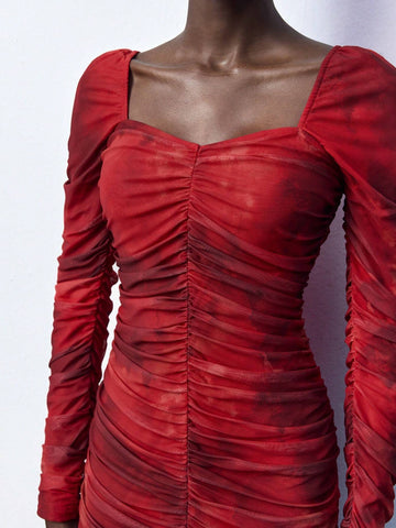 Women's Long Sleeve Sweetheart Collar Pleated Short Casual Dress