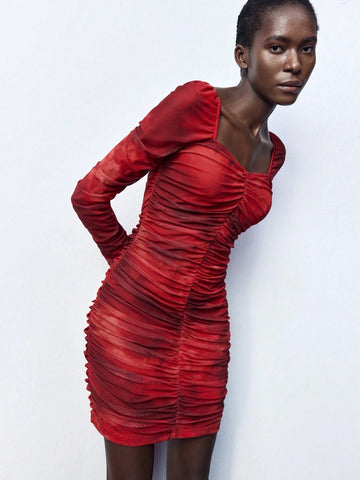 Women's Long Sleeve Sweetheart Collar Pleated Short Casual Dress