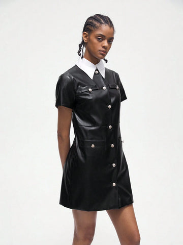 Women's PU Leather Versatile Modern Casual Short Sleeve Dress With Metallic Single-Breasted