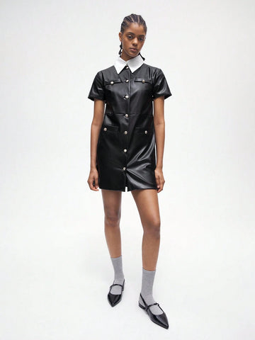 Women's PU Leather Versatile Modern Casual Short Sleeve Dress With Metallic Single-Breasted