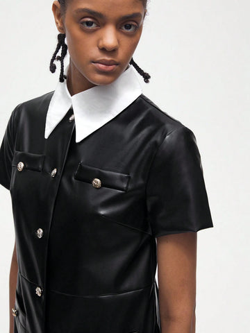 Women's PU Leather Versatile Modern Casual Short Sleeve Dress With Metallic Single-Breasted